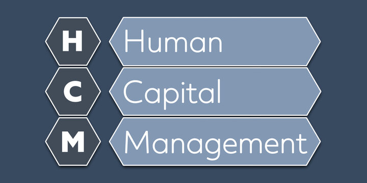 HCM Human Capital Management. An Acronym Abbreviation of a term from the software industry. Illustration isolated on blue background