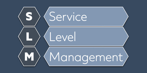 SLM Service Level Management. An Acronym Abbreviation of a term from the software industry. Illustration isolated on blue background