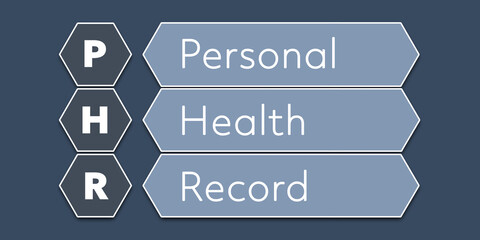 PHR Personal Health Record. An Acronym Abbreviation of a term from the software industry. Illustration isolated on blue background
