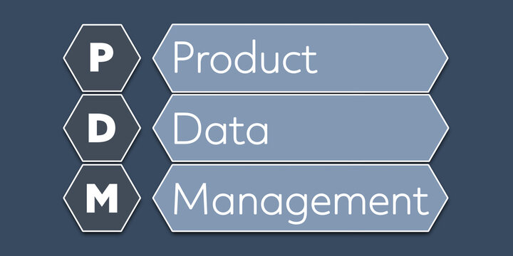 PDM Product Data Management. An Acronym Abbreviation of a term from the software industry. Illustration isolated on blue background