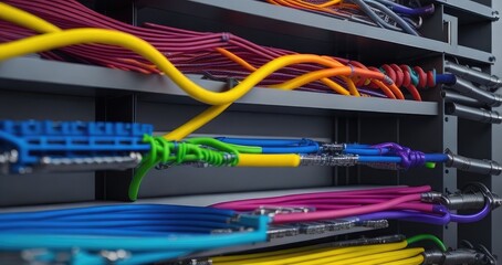 Shelfs withColorful wire harness and plastic connectors for vehicles, automotive industry and manufacturing