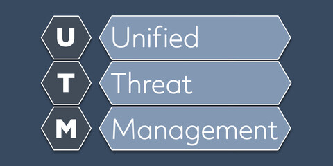 UTM Unified Threat Management. An Acronym Abbreviation of a term from the software industry. Illustration isolated on blue background