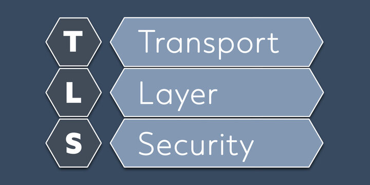 TLS Transport Layer Security. An Acronym Abbreviation of a term from the software industry. Illustration isolated on blue background
