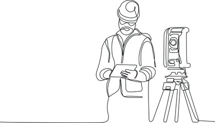 Close up of Caucasian worker with helmet on head using tablet for work while standing in warehouse. Surveyor with a tripod icon. Geodesic tripod. Vector illustration