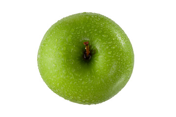 Manzana verde mojada con agua fresca, en vista cenital