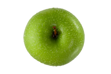 Manzana verde mojada con agua fresca, en vista cenital