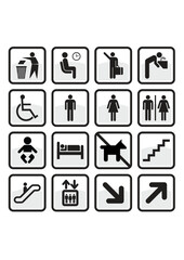 Vector set of international direction or service signs. All vector objects and details are isolated and grouped. Color, background color and glare effect are easy to remove or adjust. Symbols are repl