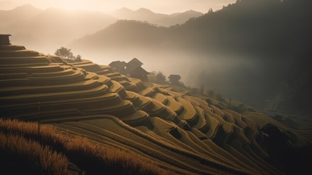 Beautiful Rice terraces on the Misty Mountain at sunset, Generative AI