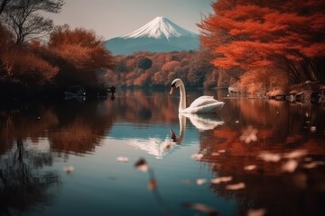 Plakat Beautiful landscape of mountain fuji with white swans in the lake, Generative AI