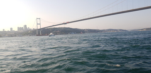 Istanbul, Turkey - May 10, 2023: Bosphorus and the Fatih Sultan Mehmet Bridge. High quality photo.