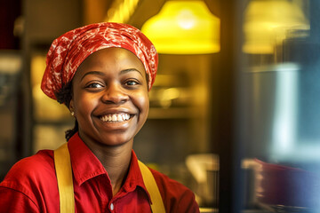 Young black woman with cheerful smile working at a fast food restaurant