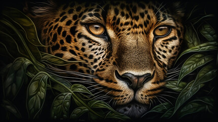 A close up of a leopard's face surrounded by leaves Generative Ai