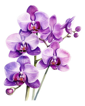 Beautiful purple Phalaenopsis orchid flowers. Hand drawn watercolor painting isolated Generative AI.