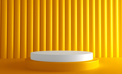 Abstract 3d rendering placing the product with copy space. Modern yellow round podium with geometric background. 