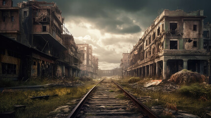 Fototapeta na wymiar a city destroyed after the war. apocalypse concept. Generative AI