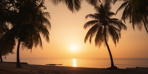 Fototapeta na wymiar beautiful sunrise Landscape of paradise tropical island beach. Palm tree silhouette at the sides, panoramic sunset background, caribbean vacation concept, generative AI