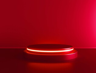 Cylinder podium with white neon lights on red background. Concept of design for product display. 3d rendering.
