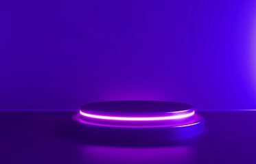 Cylinder podium with white neon lights on purple background. Concept of design for product display. 3d rendering.
