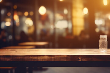 Empty wooden work table in restaurant. Blurred bokeh background.