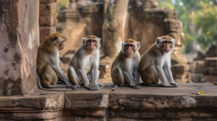 Fototapeta premium funny monkeys on a wall at a buddhist temple. Generative AI