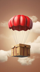 Generative AI 3D Red Parachute With Brown Carton Delivery Packaging Box With Fragile Icons. EPS10 Vector
