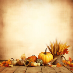 Naklejka na ściany i meble Generative AI Happy Thanksgiving vector illustration with pumpkin, apples, wheat, autumn leaves, corn, cones, acorns on light wooden background