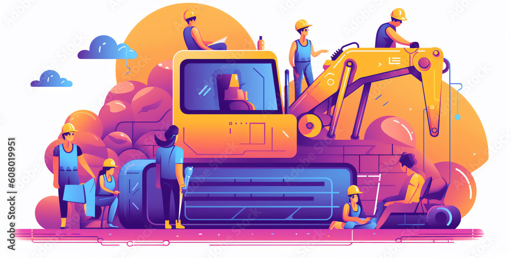 Fototapete Generative AI Website construction, web design concept illustration in flat style. People working on website. Characters doing various tasks, teamwork.