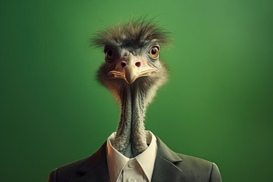 Anthropomorphic Ostrich dressed in a suit like a businessman. Business Concept. AI generated, human enhanced