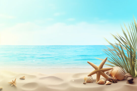 Generative AI Hello summer background with beach view, sand, sea shells, sea star, palms. Illustration design template