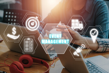 Event management concept, Business team working on laptop computer with event management icon on...