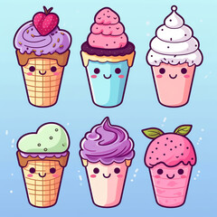 Generative AI Cute kawaii ice cream characters, collection isolated on white background, different flavours. Vector illustration in flat style