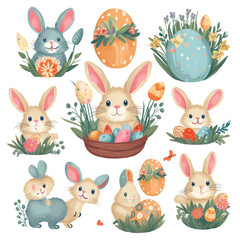 Generative AI Easter bunny set with cute flowers and eggs. Hand drawn flat cartoon elements. Vector illustration
