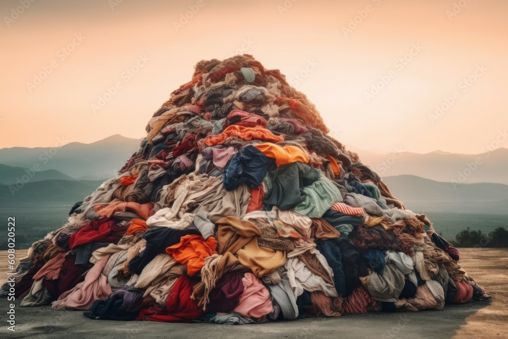 Wall mural Pile of textile and clothing waste. The concept of climate change as consequence of excessive consumption. AI generated