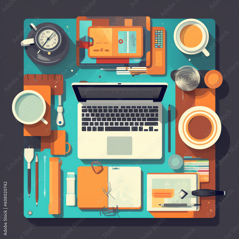 Poster generative ai web design vector illustration in flat style with computer, web design books, notepad,