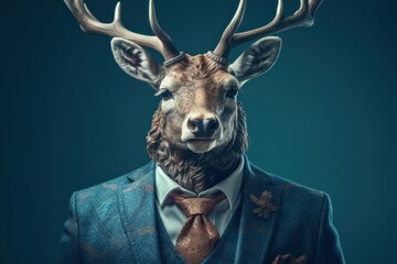 Anthropomorphic elk dressed in a suit like a businessman. business concept. AI generated, human enhanced.