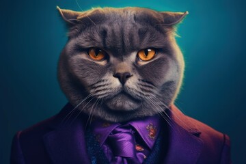 Anthropomorphic cat Scottish fold dressed in a suit like a businessman. business concept. AI generated, human enhanced