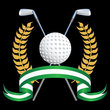 Golf themed background with laurel wreath and ribbon on a black background.