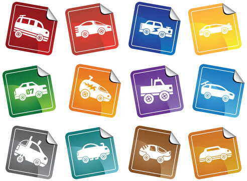 Group of custom racing car icons in a wide range of truck and car styles.