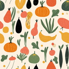 Generative AI Fruits and vegetables seamless pattern, illustration in flat style