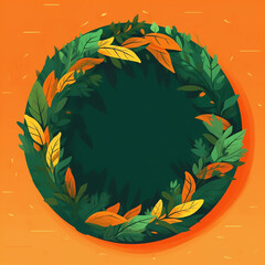 Generative AI Autumn leaves frame, circular shape with different kind of leaves around, copy space. Cute vector illustration in flat cartoon style, banner template