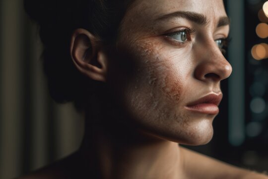 A woman with burn scars on her face. The concept of imperfection is normal. AI generated, human enhanced.