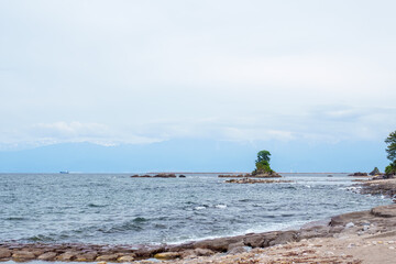海に大きな岩が浮かんでいる景色 高岡雨晴海岸 A view of a large rock floating in...