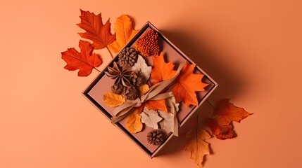 top view of a wrapped present with autumn leaves around it. Generative AI