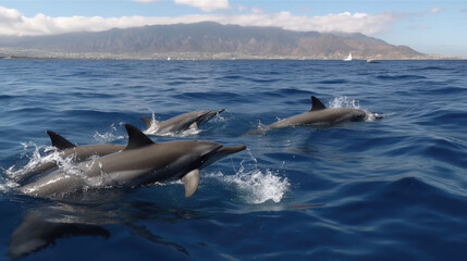 Fototapeta premium a group of dolphins swims through the blue sea and jumps out of the water. Generative AI