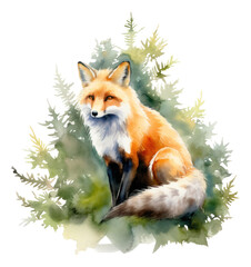 Fototapeta premium Vibrant watercolor of a fox sitting with pine trees in the background. illustration isolated Generative AI.