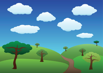 Common hills and trees over blue sky illustration landscape