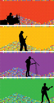 Set of colourful banners with musicians of a rock band