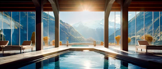 Fototapeten A luxury hotel resort spa with amazing mountain views. Poolside spa treatment for a relaxing indulgence on a vacation (generative AI) © jonathon