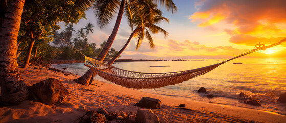 A hammock on a tropical beach with palm trees and a beautiful sunset. The perfect summer vacation in paradise (generative AI)