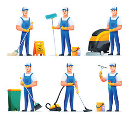 Set of cleaning service man with different equipment. Male housekeeper cartoon character